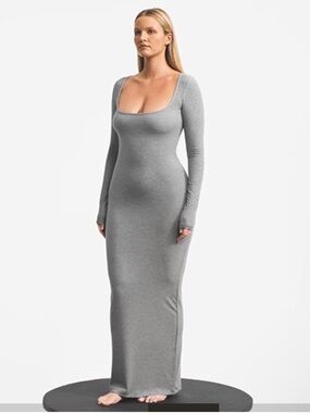 Skims Plus Size Heather Gray Soft Lounge Long Sleeve Slip Ribbed Maxi Dress